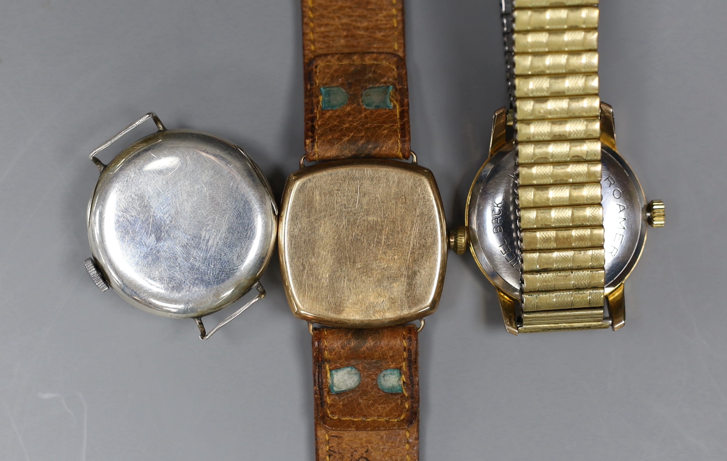 A gentleman's 9ct gold Waltham wristwatch, a Swiss silver wristwatch and a gold plated Roma wristwatch